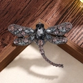 Retro dragonfly brooch with dark grey and purple crystals on gunblack alloy base - Gray
