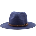 Classic dark blue straw Panama hat with a brown leather band and gold rivet detail - M(56-58cm) / Navy Blue