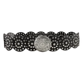 Vintage western style black leather belt with hollow circular sunflower metal studs - Antique Silver Black Style B / 101cm