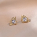 Golden heart-shaped winged earrings with round zircon stones on champagne satin - Angel Wings Heart Style (E0490)