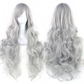 Silver grey long wavy cosplay wig with side bangs, front and back views on white background - Smoke
