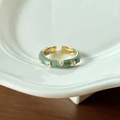 Sage green enamel ring with white floral gems on gold adjustable band - Green With White Flowers