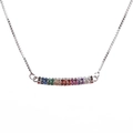 Minimalist silver necklace featuring a curved bar pendant with micro-set rainbow zircons - White Gold
