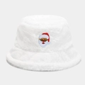 Detail of soft white plush winter bucket hat with embroidered Santa Claus pattern - M / Santa Claus Pattern White