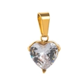 Detail of a heart-shaped clear zircon pendant with a polished golden setting and bail - White Heart