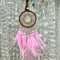 Handmade dreamcatcher with natural stones, pink feathers and crystal bead decoration - Rose Quartz Brown Hoop