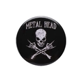 Round metal badge featuring Metal Head text and skull graphics on a black background - METAL HEAD Skull