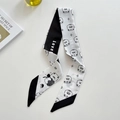 Black and white skinny scarf with cartoon bear print and LOVE text for hair or bag - UFO Bear