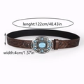 Detail of vintage brown leather belt featuring embossed patterns and blue gemstone buckle - Vintage Oval Rhinestone Turquoise Style (4#)