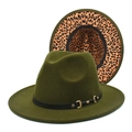 Close-up of wool fedora hat with leopard print brim and gold buckle detailing - M (56-58cm) / Army Green