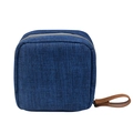 Portable navy blue canvas lipstick pouch with brown leather handle and zipper closure - Dark Blue