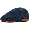 Vintage donkerblauwe denim newsboy pet met bruine suède klep en verstelbare metalen gesp - Verstelbaar / Donkerblauw