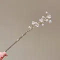 Silver plum blossom hair stick with white flowers and pearl water drop pendant - Prosperous Flowers (Gold)
