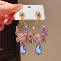 Detail of purple teardrop crystal earrings with S925 silver needles and floral design - Style 23# Silver Pin-Purple-Flower