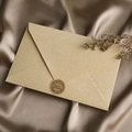 Detailed close-up of linen textured envelope with vintage seal on champagne satin - 3 Yellow Envelopes + 10 Kraft Papers + Stickers / Yellow