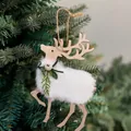 Wooden reindeer ornament with white faux fur and pine needle detail on a festive tree - Style G (Flocked Cover with Pine Needles)