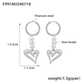Silver titanium steel heart earrings with pearl tassels shown with dimensions - F991-Steel Color Earrings