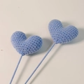 Two handmade blue crochet heart decorations on sticks crafted from soft yarn material - Single Heart (Finished) / Blue