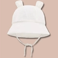 Detailed view of white cotton muslin baby sun hat with cute 3D ears and chin straps - 3-12M / White