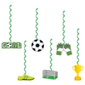 Detail of football party hanging swirls featuring soccer ball trophy and goal designs - Soccer Swirl Decorations