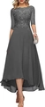Elegant dark grey lace and chiffon evening dress with high-low hem and half sleeves - US size 12 (L) / Bottoms / Dark Gray
