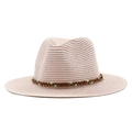 Handwoven western straw cowboy hat with ethnic bead band for beach sun protection - Nude Pink