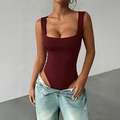 Chic burgundy Y2K square neck sleeveless bodysuit paired with denim jeans - S / Burgundy
