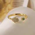 Gold-plated Hamsa hand open ring with sparkling cubic zirconia and emerald green stone - 13770-Hamsa Hand/Green Stone