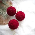 Three burgundy velvet Christmas balls with 3D star texture and gold hanging strings - Union Jack Pattern Flocked Ball - Red (3Pcs)
