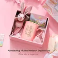 Pink tulip ceramic mug gift set with velvet rabbit pendant and card in a premium box - Letter Mug + Bunny Pendant + Card