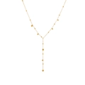Collana a Y dorata minimalista con perline metalliche lucide su una lunga catena sottile - Oro
