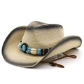 Chapeau de paille de l'ouest dégradé avec bande turquoise bohème et cordon réglable - Style Dégradé Avec Bande Turquoise / Beige-Noir