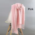 Thick pink cashmere scarf with fringe hanging on a white chair, winter warm accessory - Tassel Style / 220g (200x70cm) / Pink