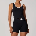 Women's black high-waist yoga set with white contrast trim and V-shaped cross waistband - S / Top And Bottom / Premium Black (Top+Shorts)