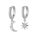 Close-up of asymmetrical silver hoops featuring a CZ crescent moon and a heart-centered star - Star Moon Hoops - Silver
