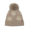 Beige knit beanie for kids featuring bear patterns and a large faux fur pompom ball - M (52-54cm) / Khaki