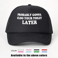 Detail of black mesh trucker hat featuring funny white text print on the front crown - One Size / All Black
