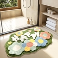 Saugfähige grüne Badematte in Blumenform mit bunten Mustern und HAPPY Schriftzug-Design - Glücklicher Blumenwald / 45*70cm