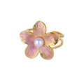 Detailed close-up of a pink gradient flower ring with a center pearl and golden double band - Ring / Taro Purple