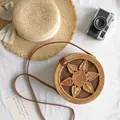 Handmade 20cm round rattan crossbody bag with floral weave and leather strap - Six-leaf Pattern Leather Buckle 20*8cm