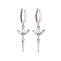Macro detail of silver-tone huggie earrings with marquise stones and conical pendants - Silver with White Zirconia