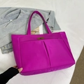 Minimalist purple nylon tote bag with dual front pockets and logo patch display - Rose Pink