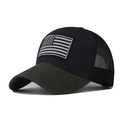 Detail of classic black trucker hat with American flag embroidery and breathable mesh - Adjustable / Black