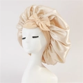 Champagne gold satin silk sleep cap with a large decorative bow for hair protection - Medium Single Layer Ribbon / Beige