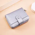 Silver lychee grain leather short wallet with snap closure and gold zipper detail - Silver