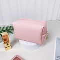 Pink pearl letter makeup bag in textured synthetic leather with premium metal zipper - Small / Pink