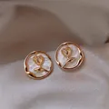 Elegant 925 silver needle pearl stud earrings with a golden vintage 3D rose flower design - E5682 Gold Forest Style Rose Flower Stud Earrings