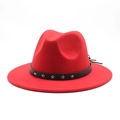 Detailed view of red fedora hat with black leather band and silver star studs - M(56-58cm) / Red