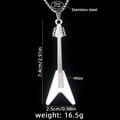 Silver guitar pendant necklace in stainless steel with detailed product dimensions - White