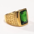 Vintage gold stainless steel ring with rectangular emerald-cut green gemstone and leaf relief - US 7 / Gold Olive Green Gemstone